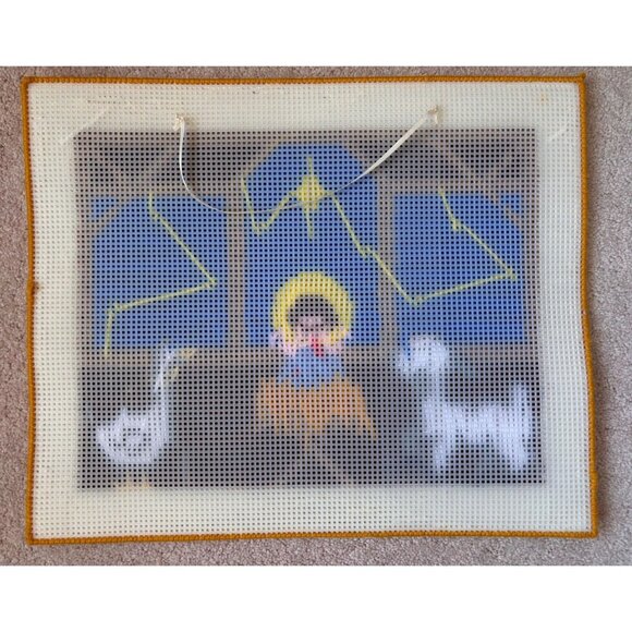 Nativity Scene Completed Needlepoint Art Ready to Hang Plastic back 16.5"x13.25" - Picture 3 of 11